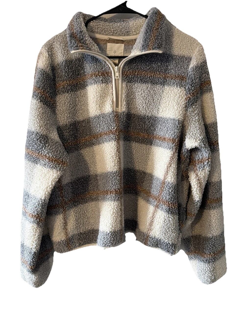 Aspen Women’s Grey Plaid Fleece pullover quarter-zip sherpa Large